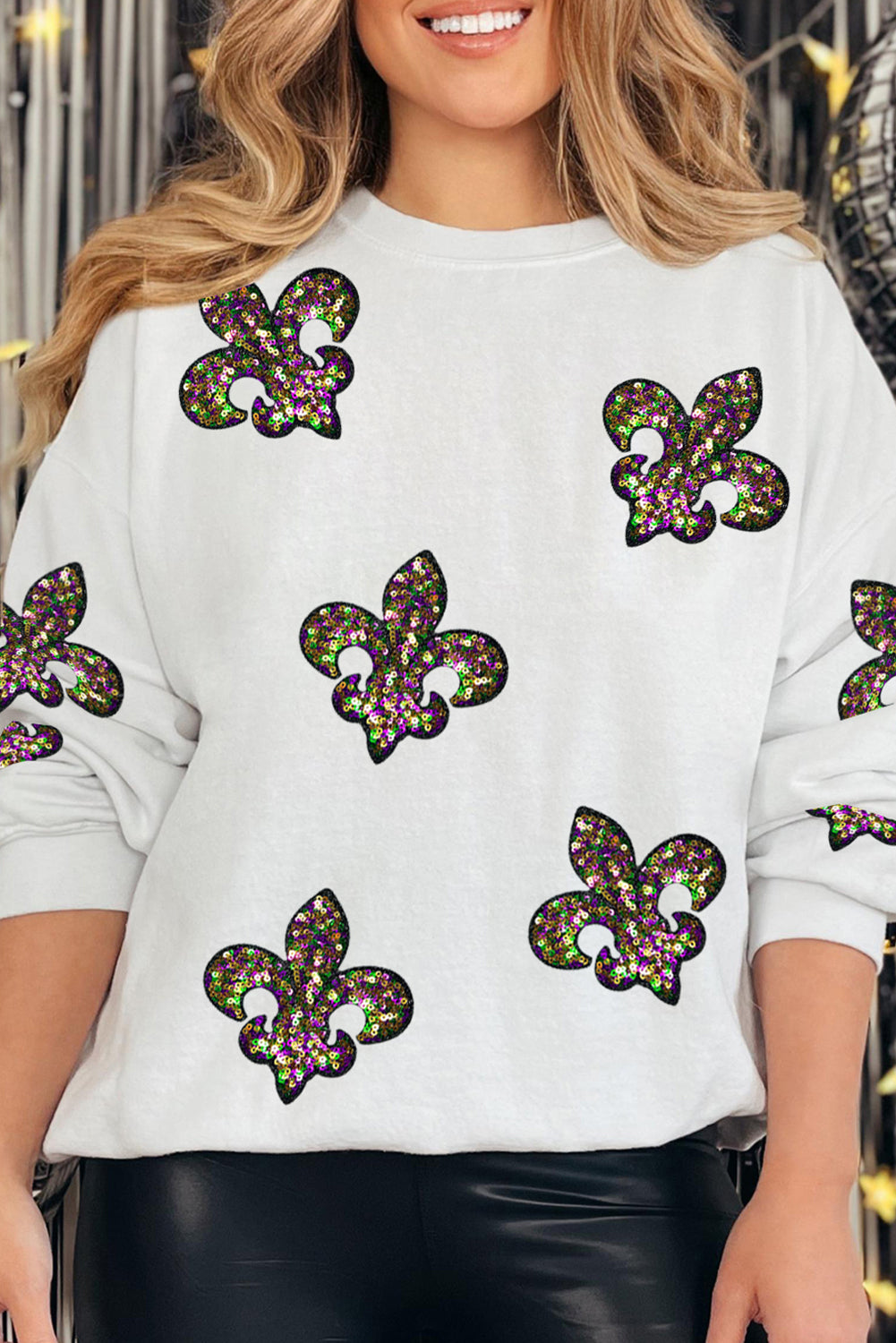 Sequin Fleur De Lis Mardi Gras Drop Shoulder Sweatshirt