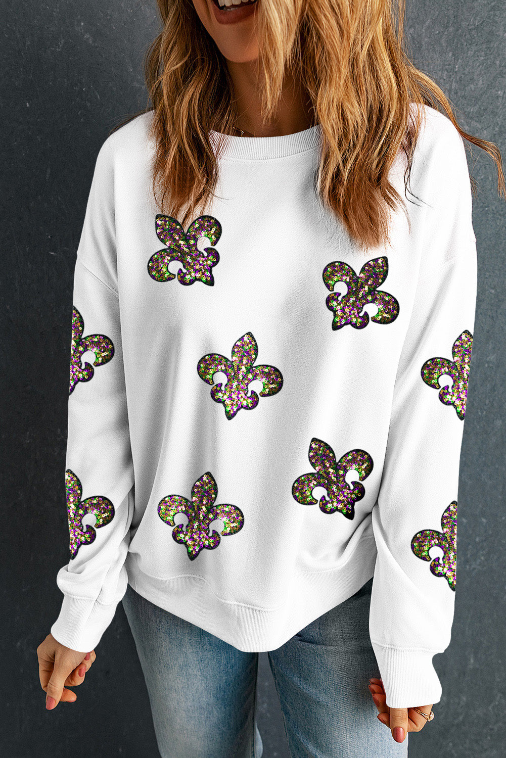 Sequin Fleur De Lis Mardi Gras Drop Shoulder Sweatshirt