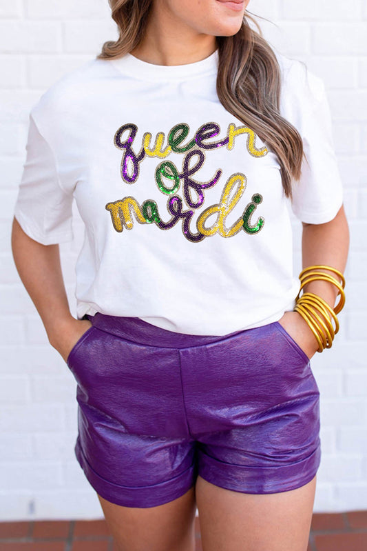 Queen of Mardi Sequin Letter Graphic T-Shirt