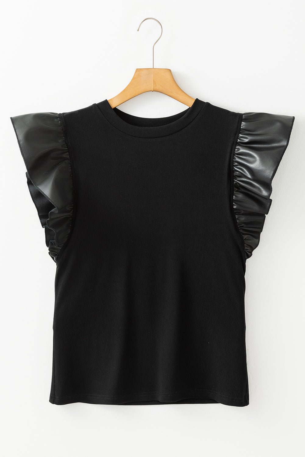 Leather Ruffle Sleeve Patchwork Round Neck Blouse