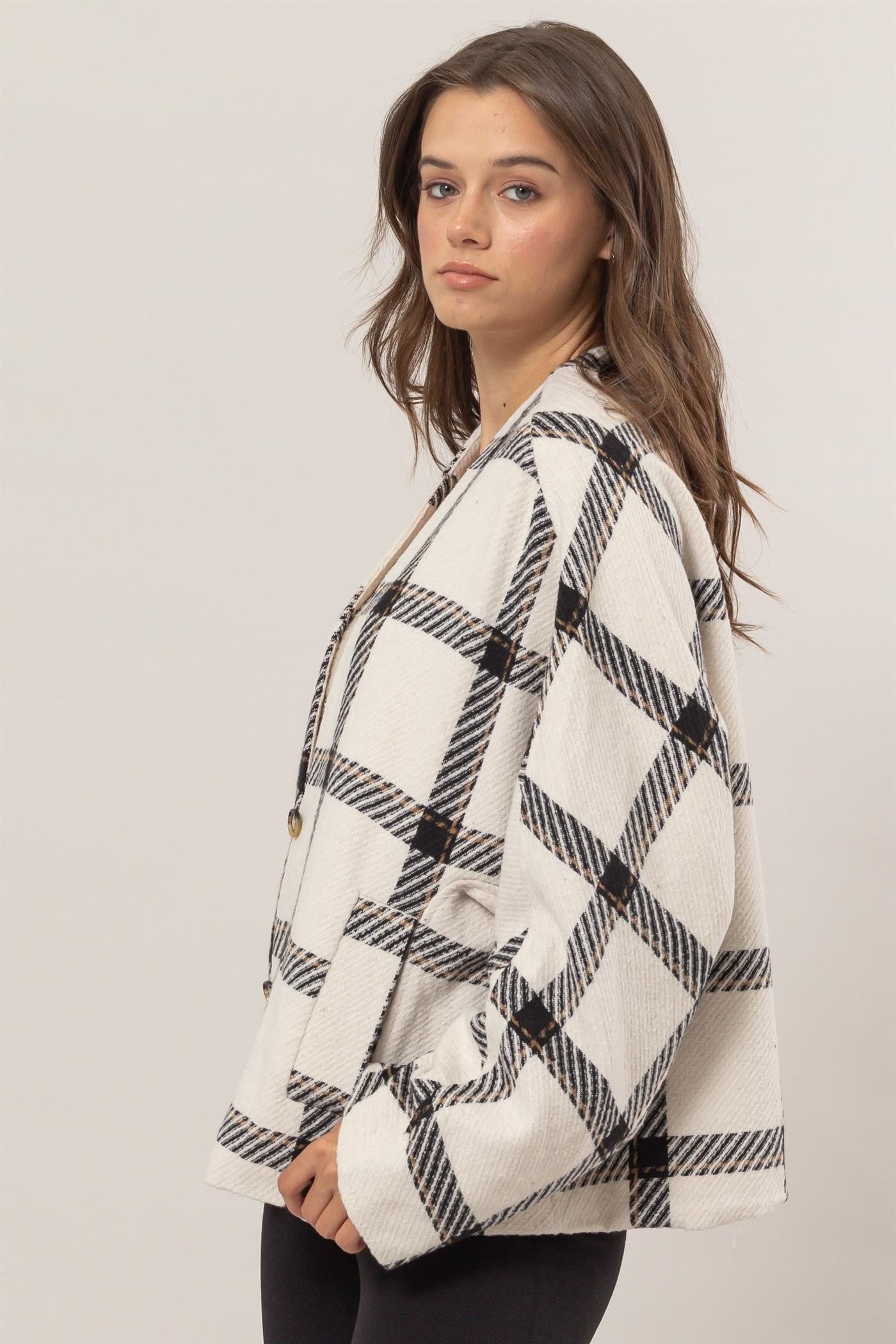 Plaid Long Sleeve Cardigan with Side Slit Pockets