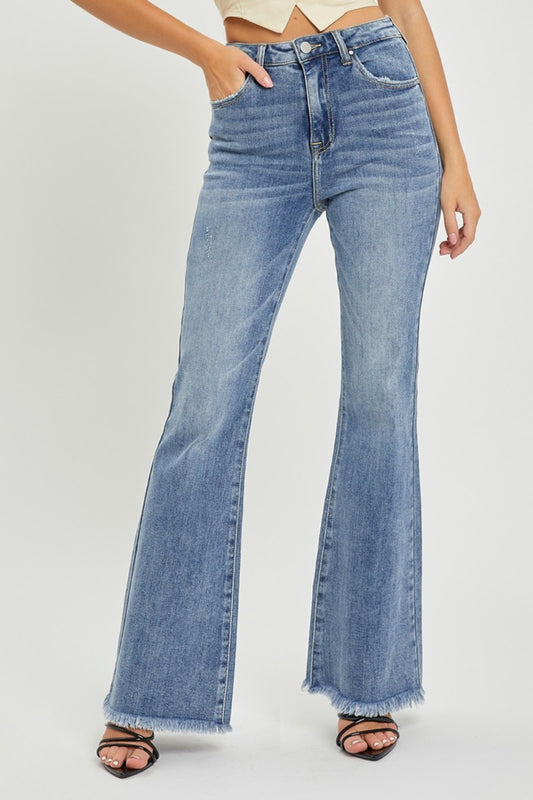 High Waist Raw Hem Flare Jeans