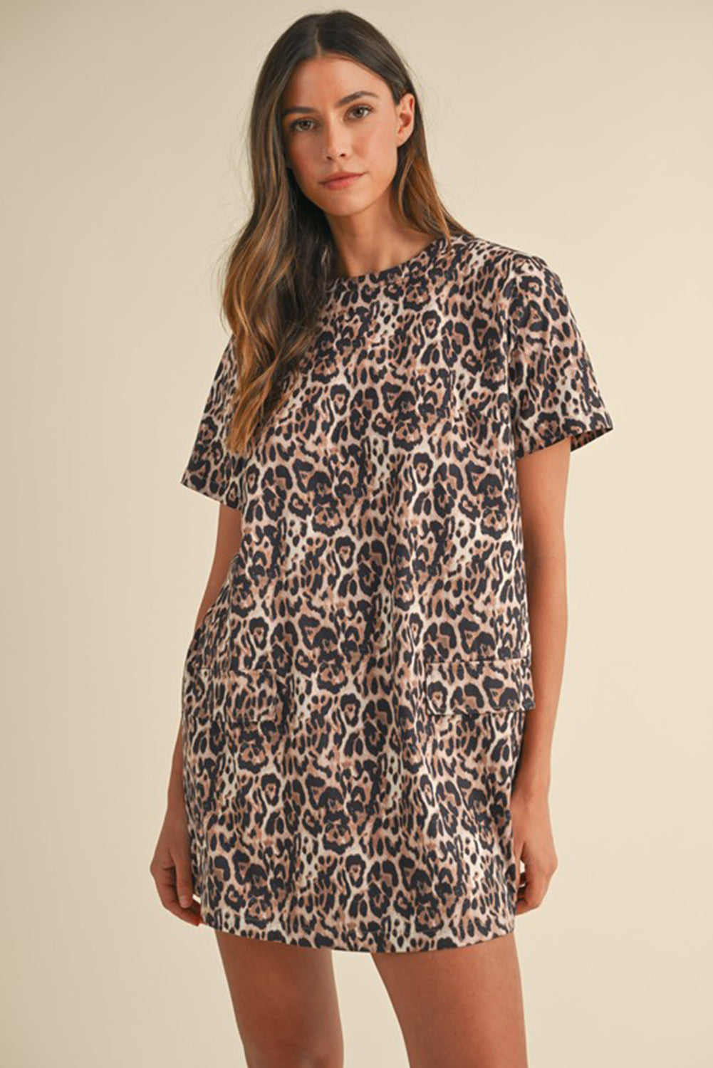 Leopard Print Crew Neck Shift Dress