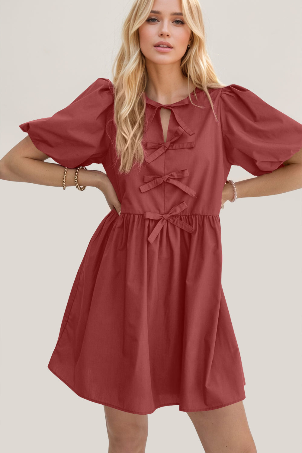 Bow Ruched Puff Sleeve Mini Dress