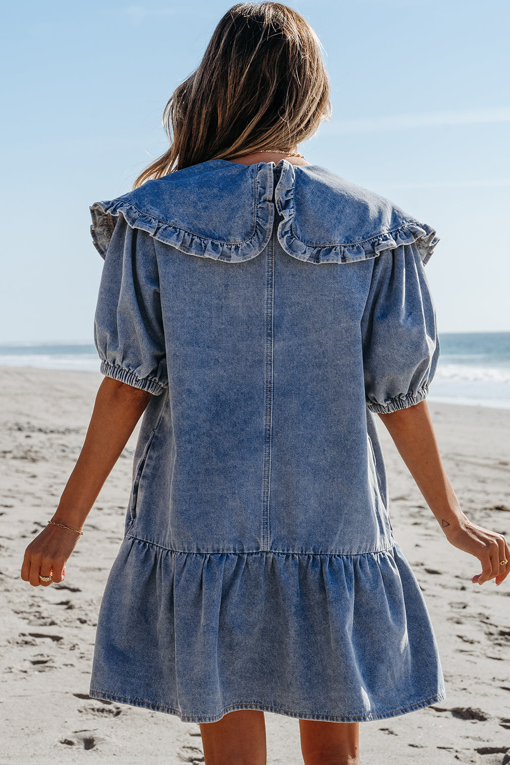 Ruffled Collared Puff Sleeve Denim Dress