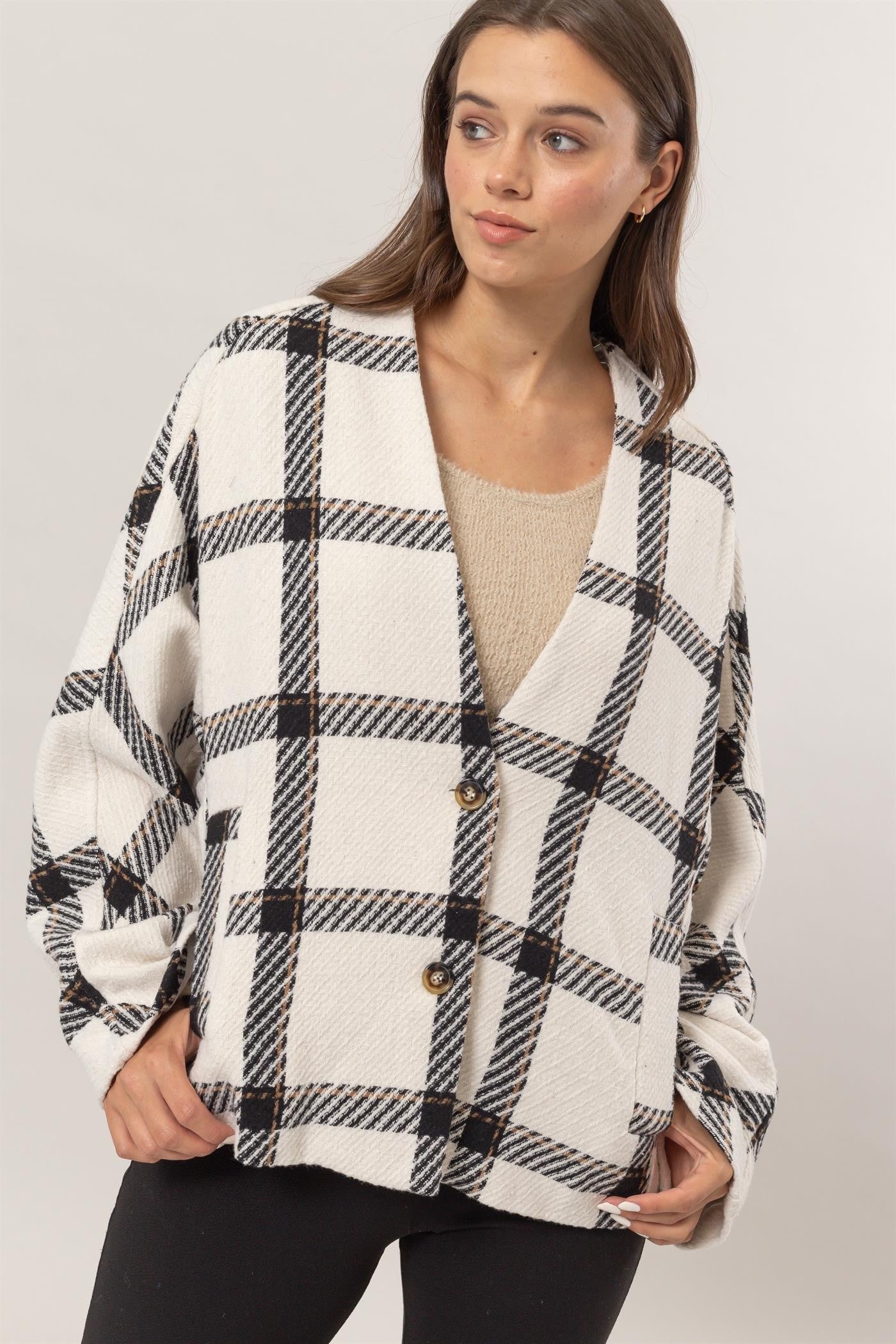 Plaid Long Sleeve Cardigan with Side Slit Pockets