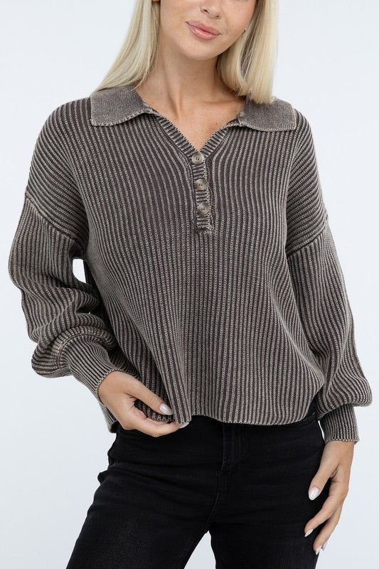 Washed Collared Henley Sweater