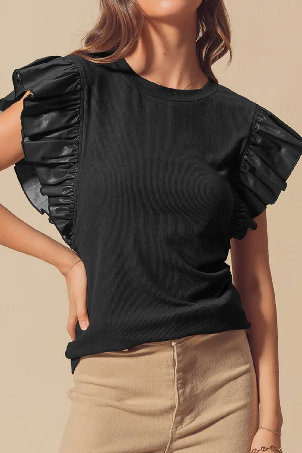 Leather Ruffle Sleeve Patchwork Round Neck Blouse