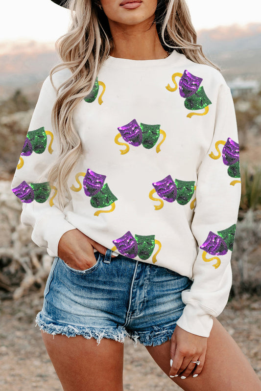 Sequin Mardi Gras Mask Pattern Drop Shoulder Graphic Sweatshirt