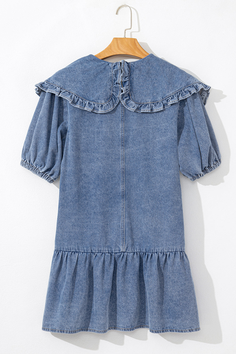 Ruffled Collared Puff Sleeve Denim Dress