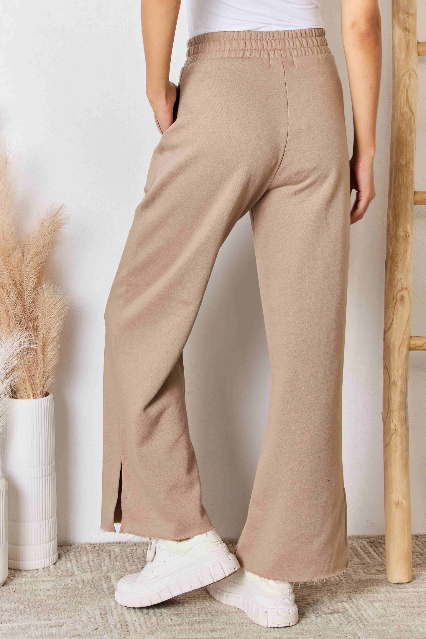 Wide Waistband Slit Wide Leg Pants