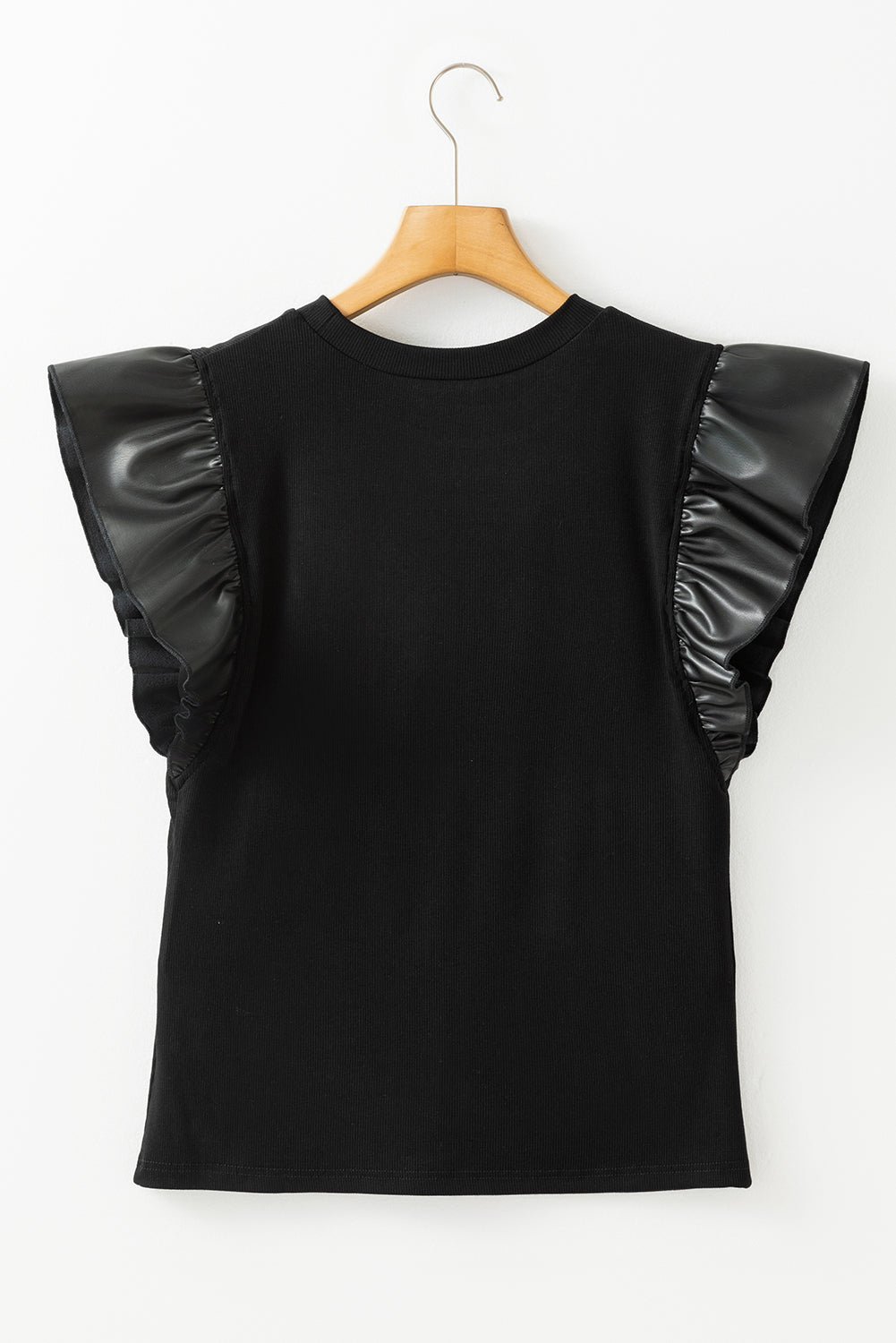 Leather Ruffle Sleeve Patchwork Round Neck Blouse