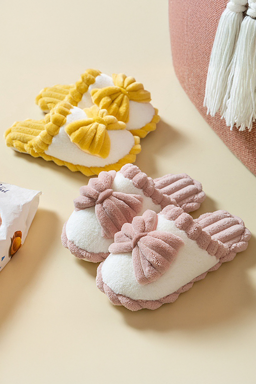 Bow Ribbed Plush Slippers