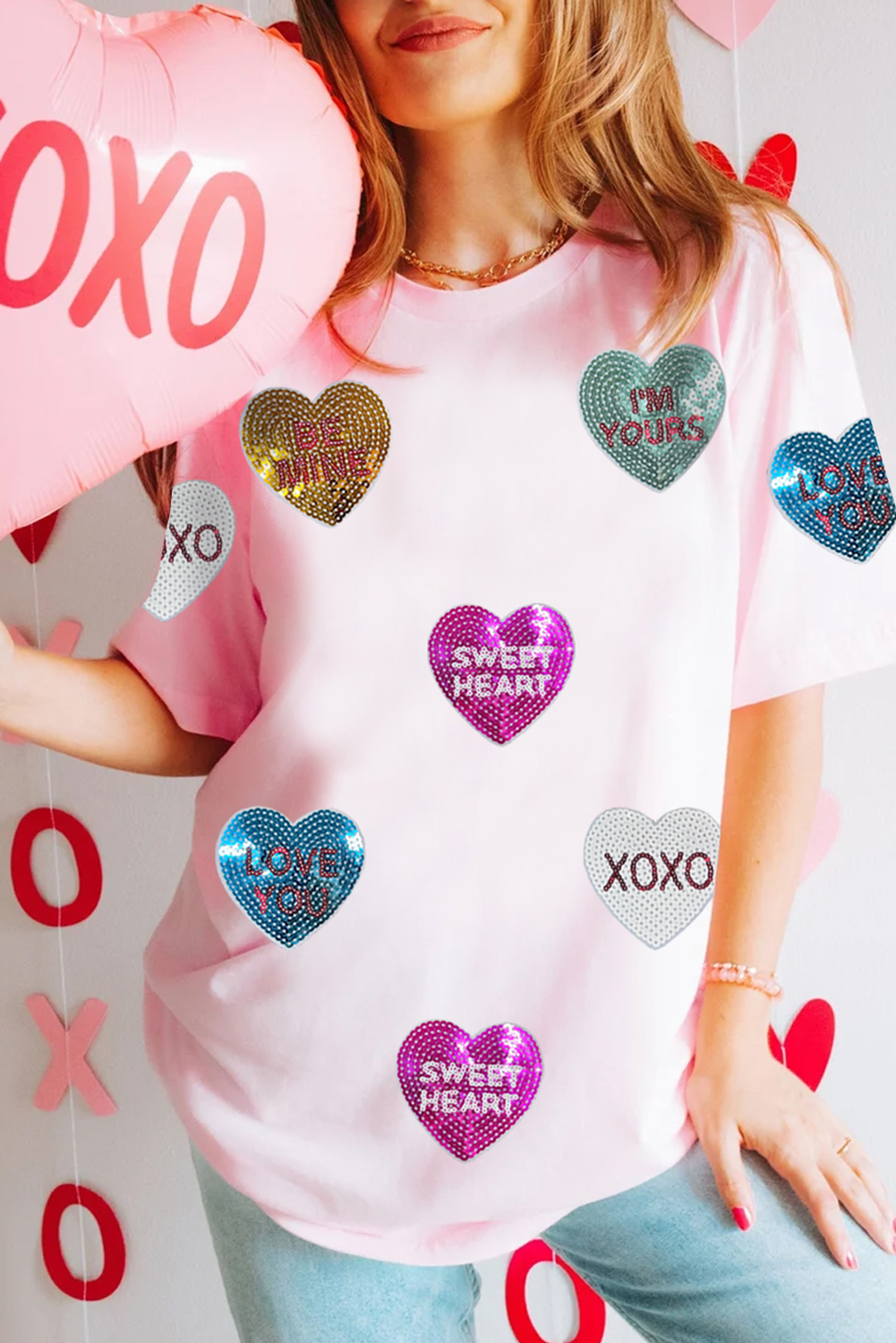 Sequin Heart Patched Crewneck T-Shirt