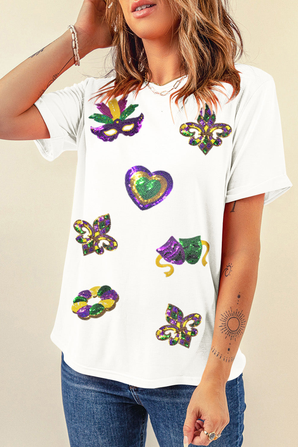 Sequined Mardi Gras Symbolic Pattern Casual Tee