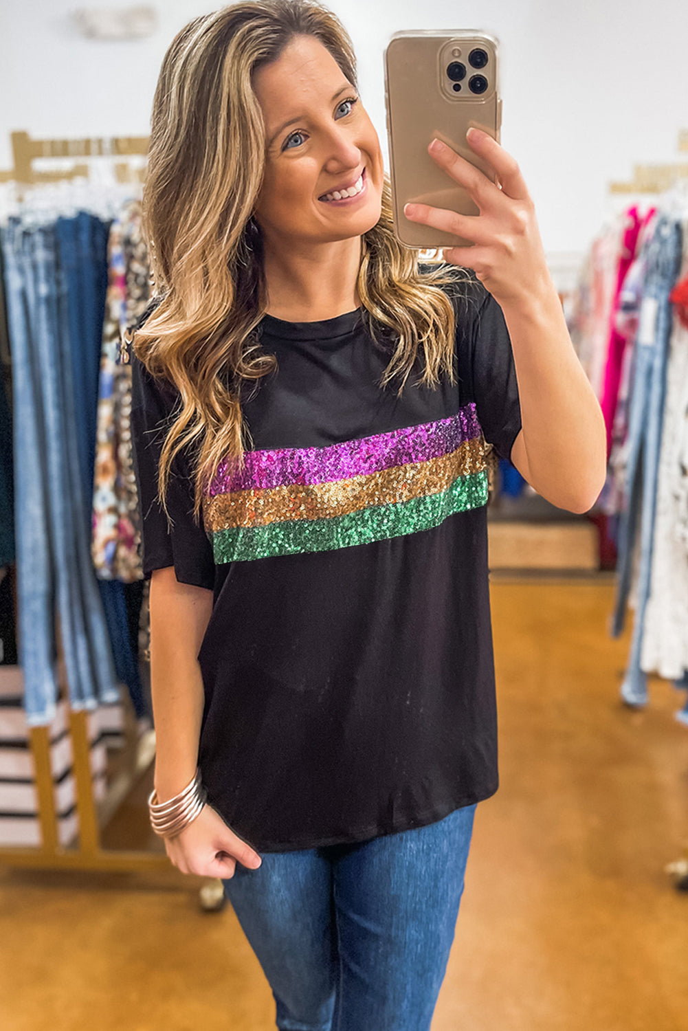 Colorblock Sequin Mardi Gras Crewneck T-Shirt