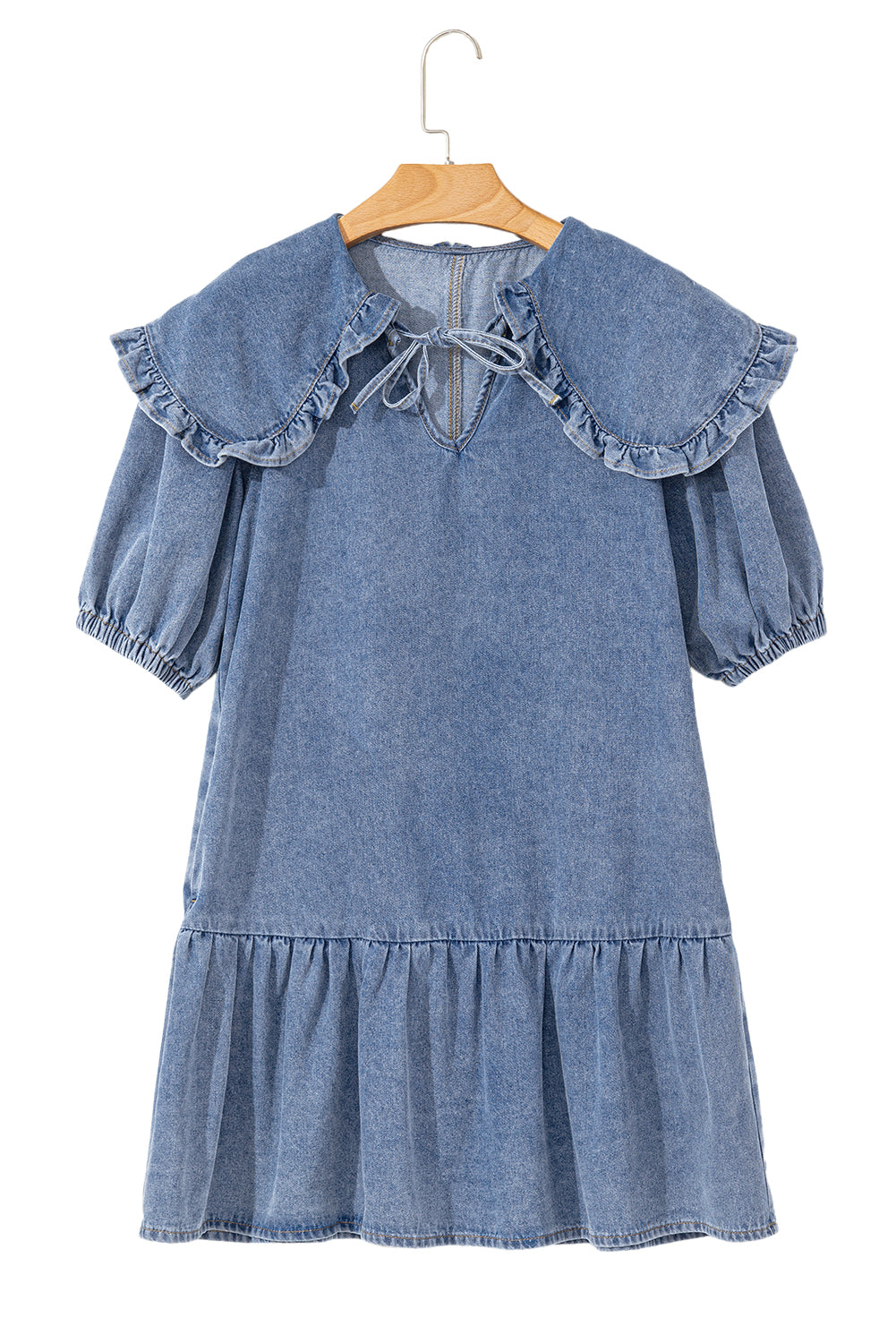 Ruffled Collared Puff Sleeve Denim Dress