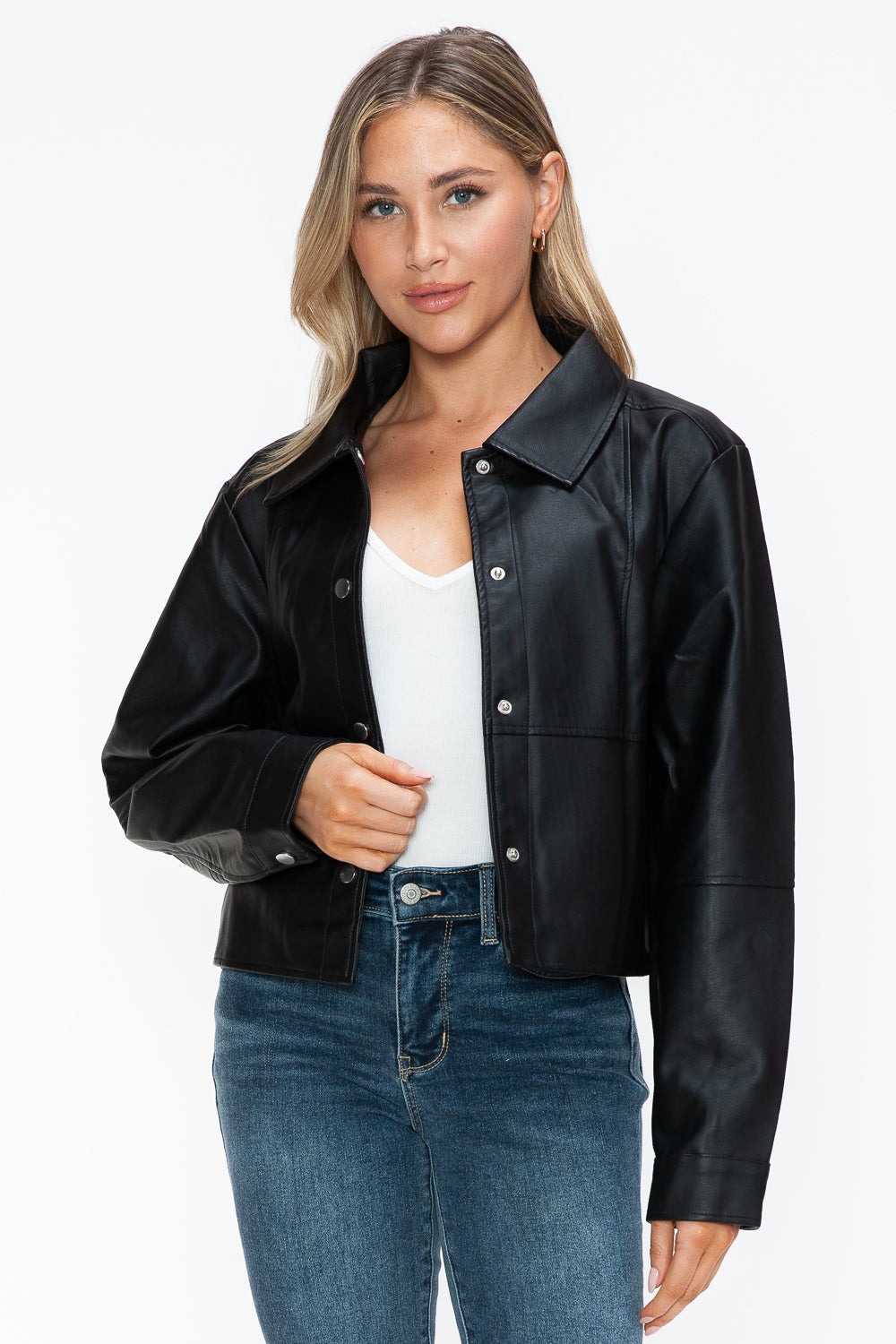 Snap Down Long Sleeve PU Leather Jacket