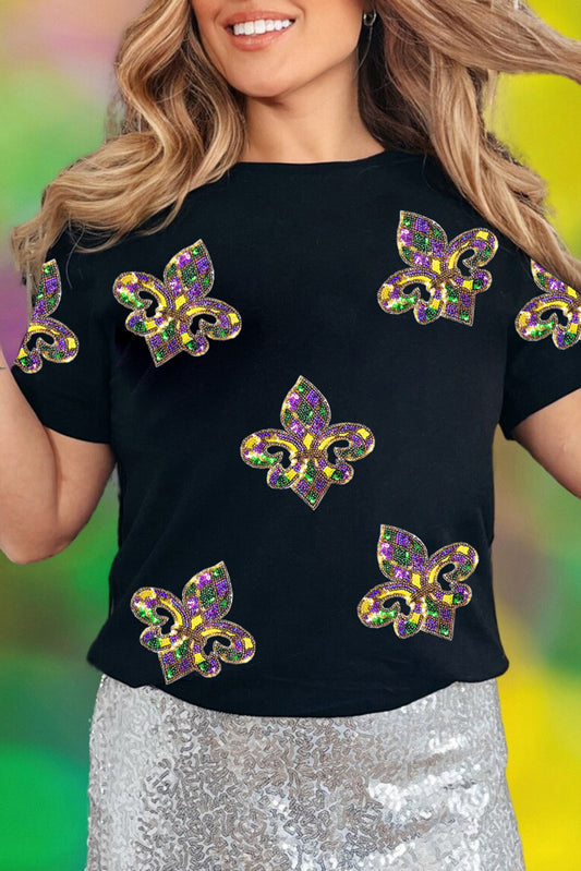 Mardi Gras Sequin Fleur de Lis Graphic T-Shirt