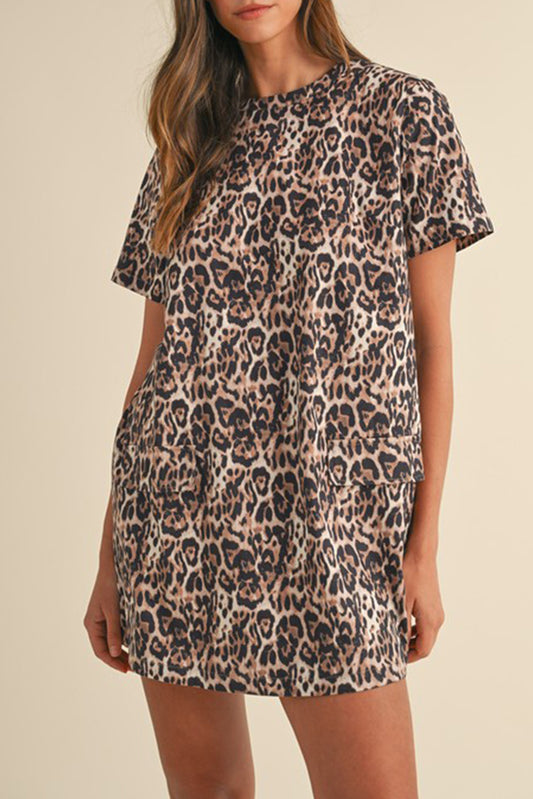 Leopard Print Crew Neck Shift Dress