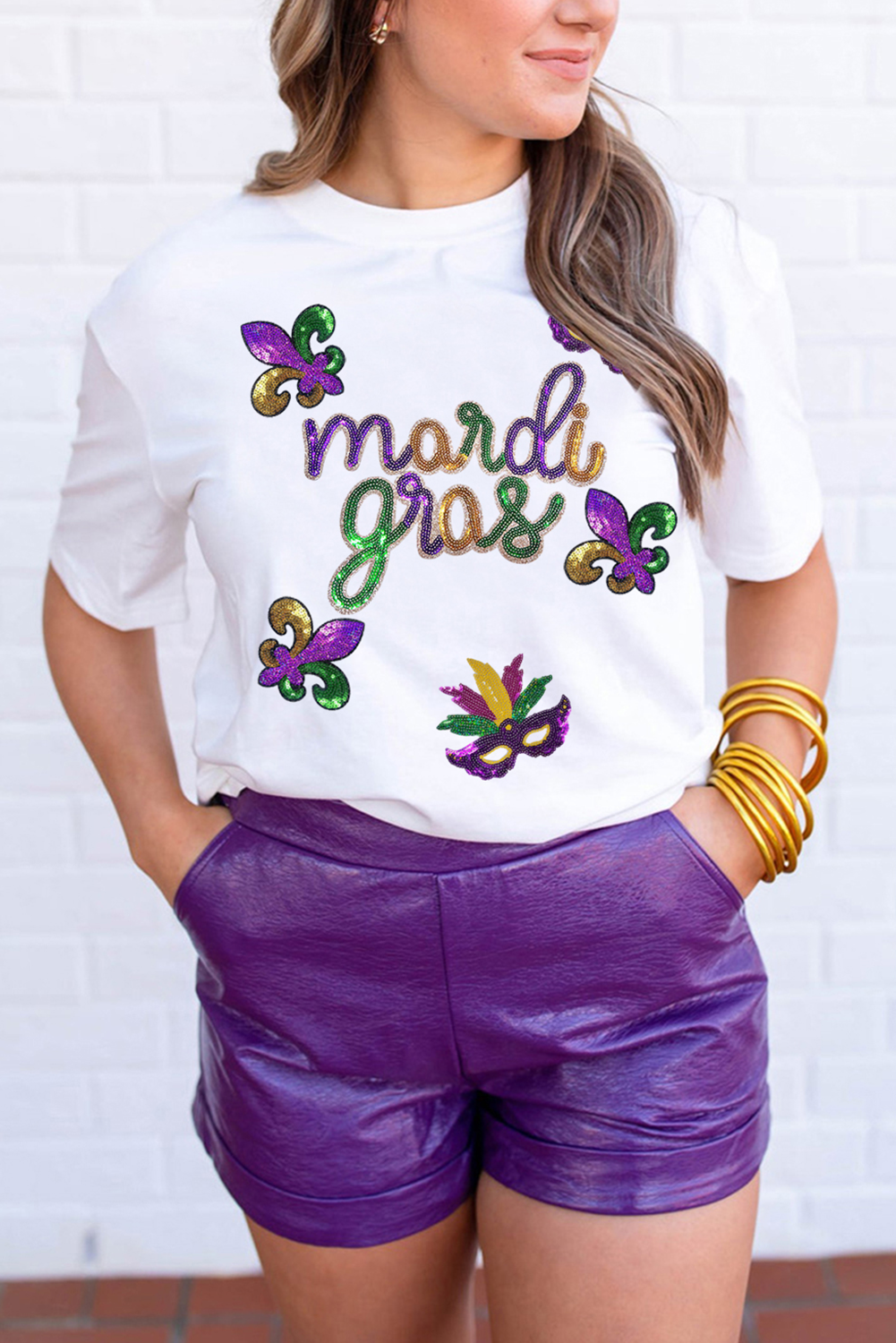 Sequin Mardi Gras Pattern Graphic Crew Neck Tee