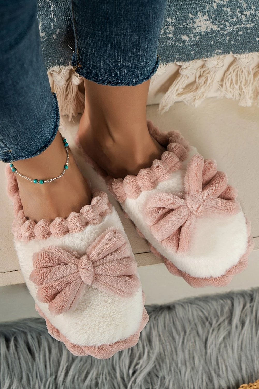 Bow Ribbed Plush Slippers