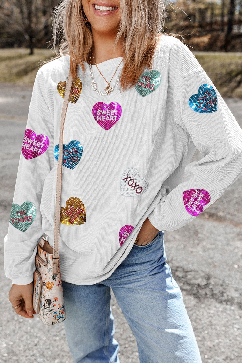 Valentine's Heart Sequin Corded Baggy Sweatshirt