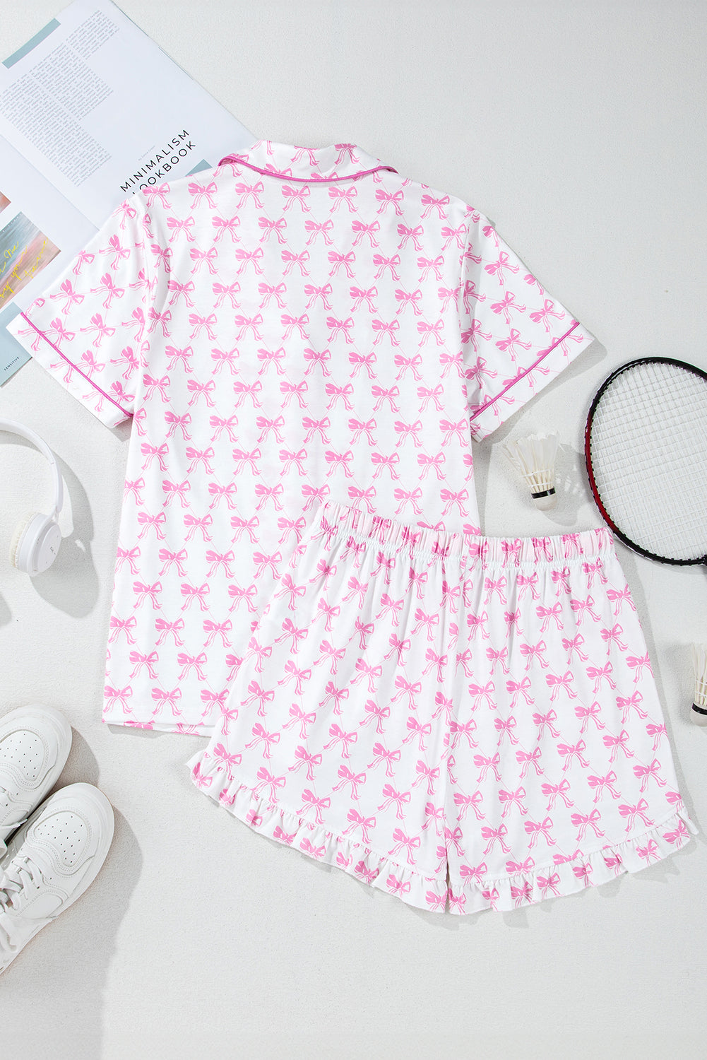 Printed Short Sleeve and Ruffled Shorts Pajama Set