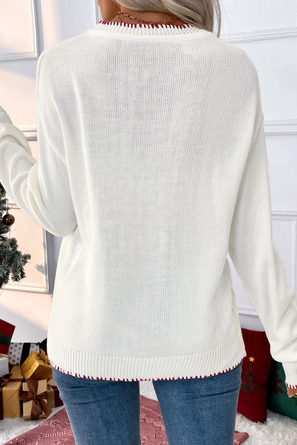 Bow Pattern Contrast Trim Christmas Loose Graphic Sweater