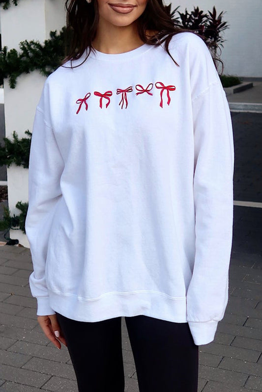 Diverse Bow Embroidery Drop Shoulder Sweatshirt