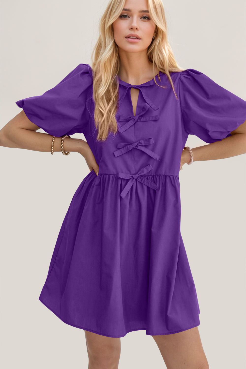 Bow Ruched Puff Sleeve Mini Dress