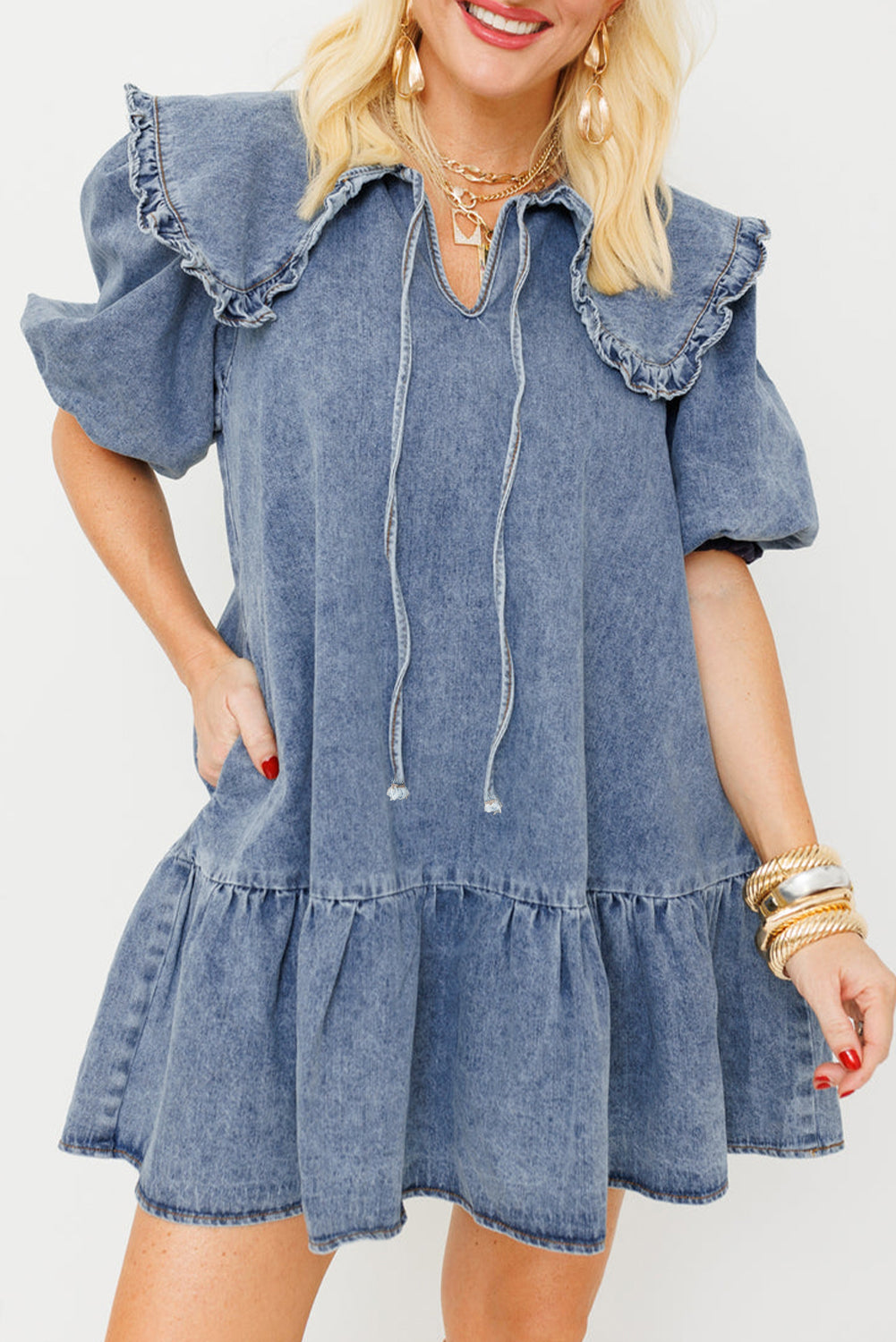 Ruffled Collared Puff Sleeve Denim Dress