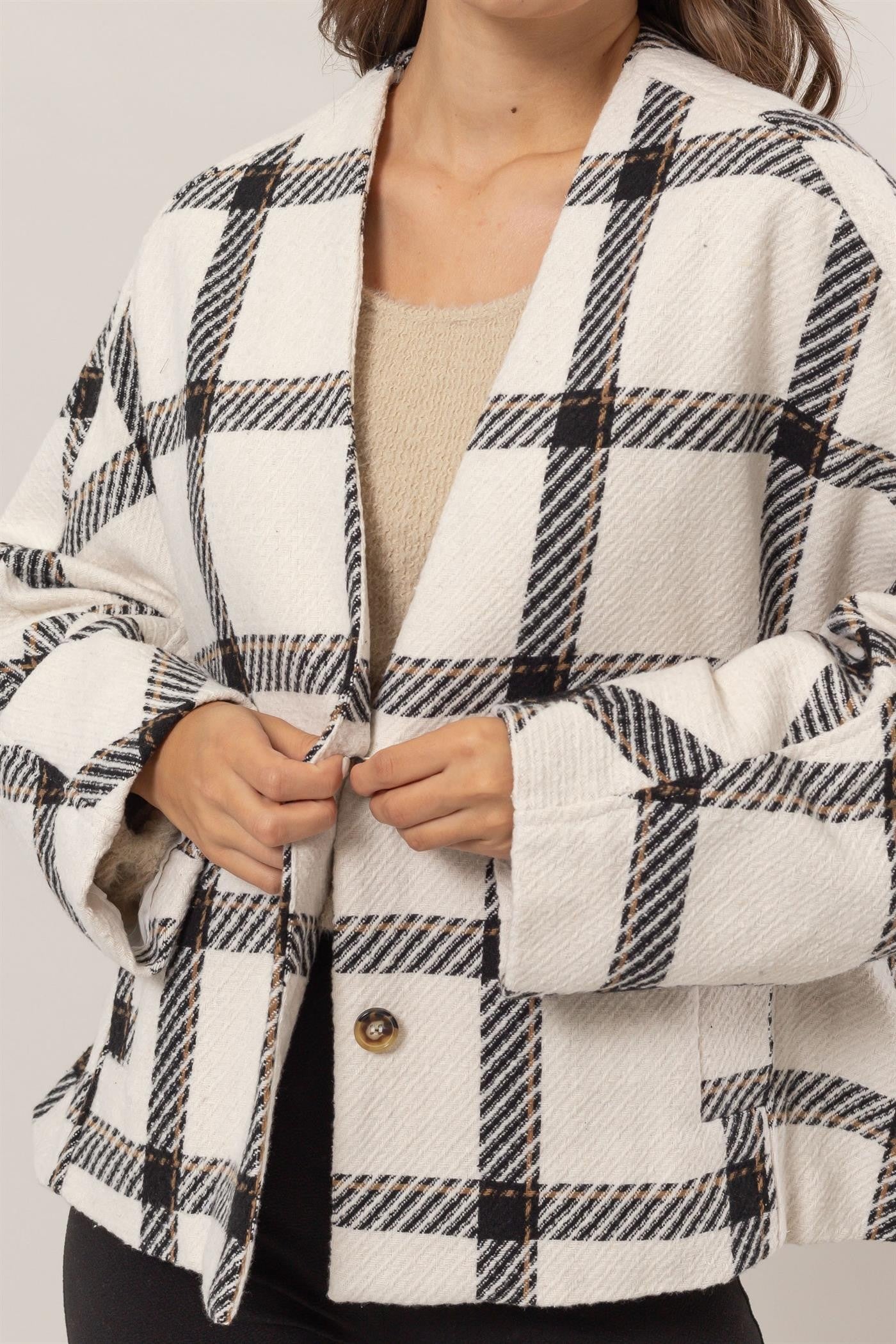 Plaid Long Sleeve Cardigan with Side Slit Pockets