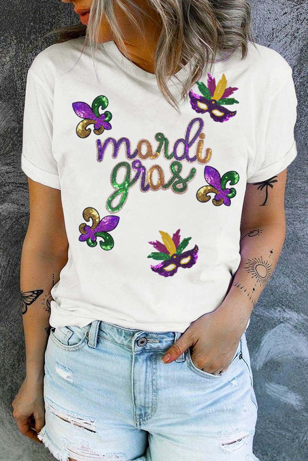 Sequin Mardi Gras Pattern Graphic Crew Neck Tee