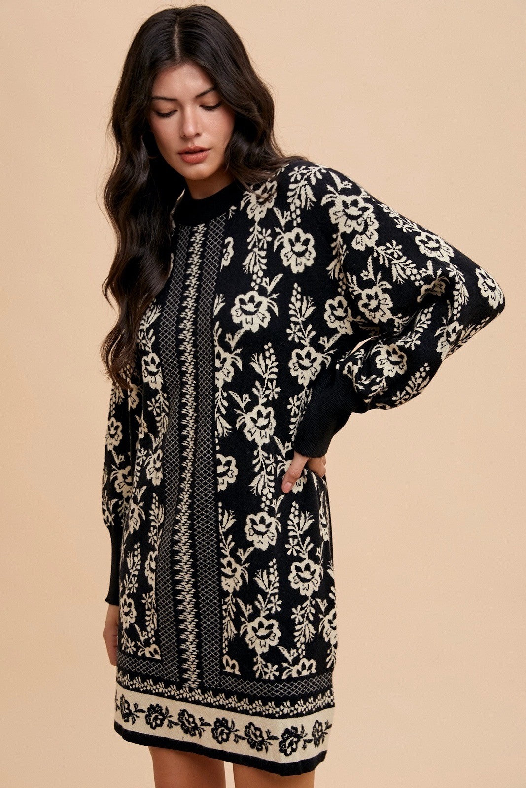 Floral Jacquard Round Neck Sweater Dress