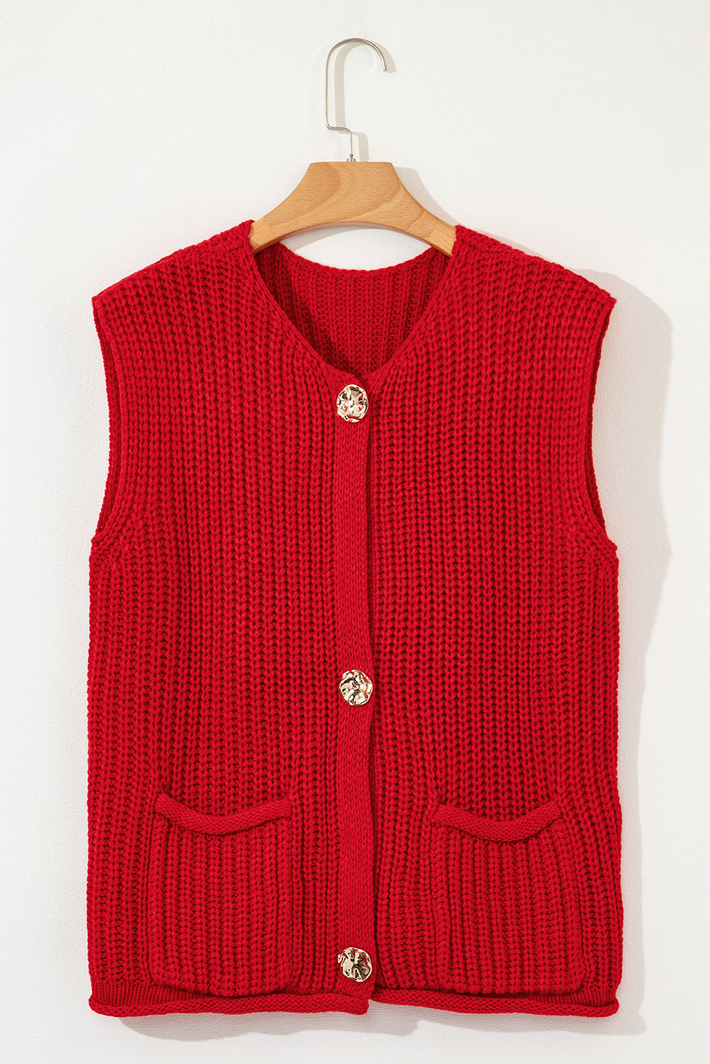 Textured Knit Side Pockets Buttoned Sweater Vest