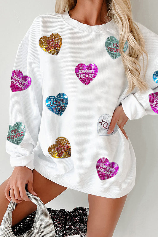 Valentine's Heart Sequin Corded Baggy Sweatshirt