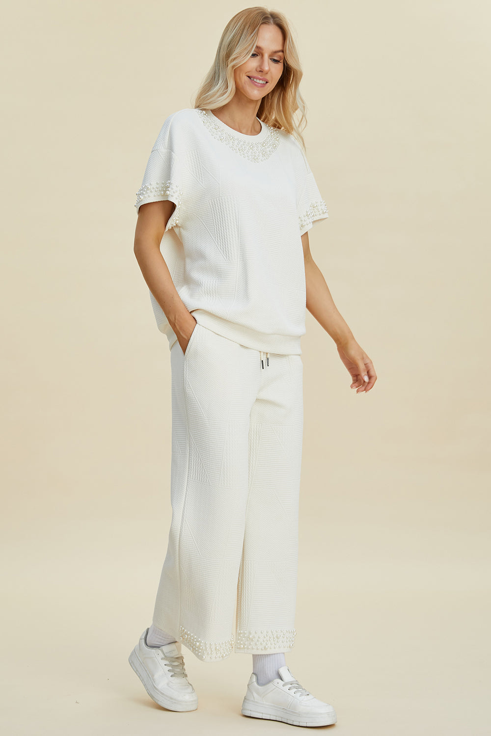 Pearl Detail Round Neck Top and Pants Set