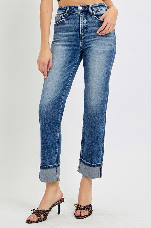 High Rise Crop Straight Roll Up Jeans