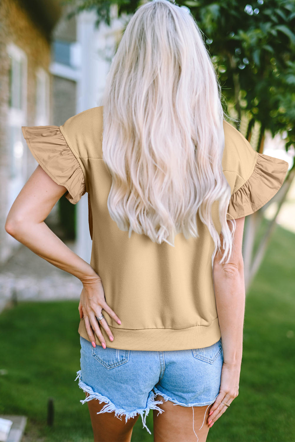 Two Tones Ribbon Bow Ruffle Sleeve Top