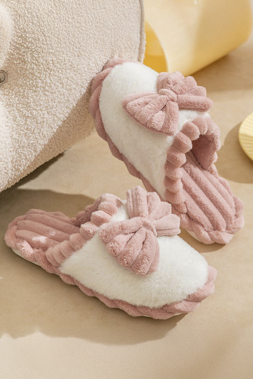 Bow Ribbed Plush Slippers