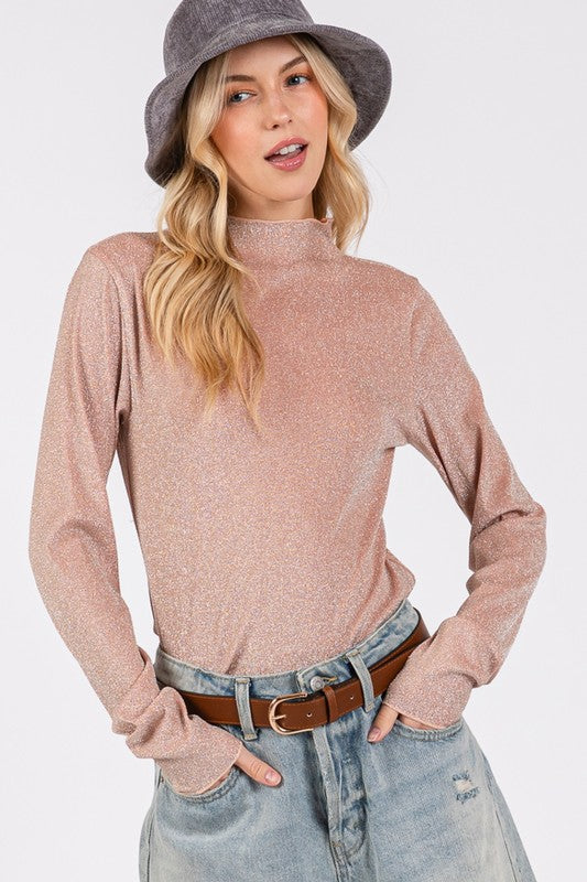 Glitter Mock Neck Lettuce Hem Long Sleeve Top