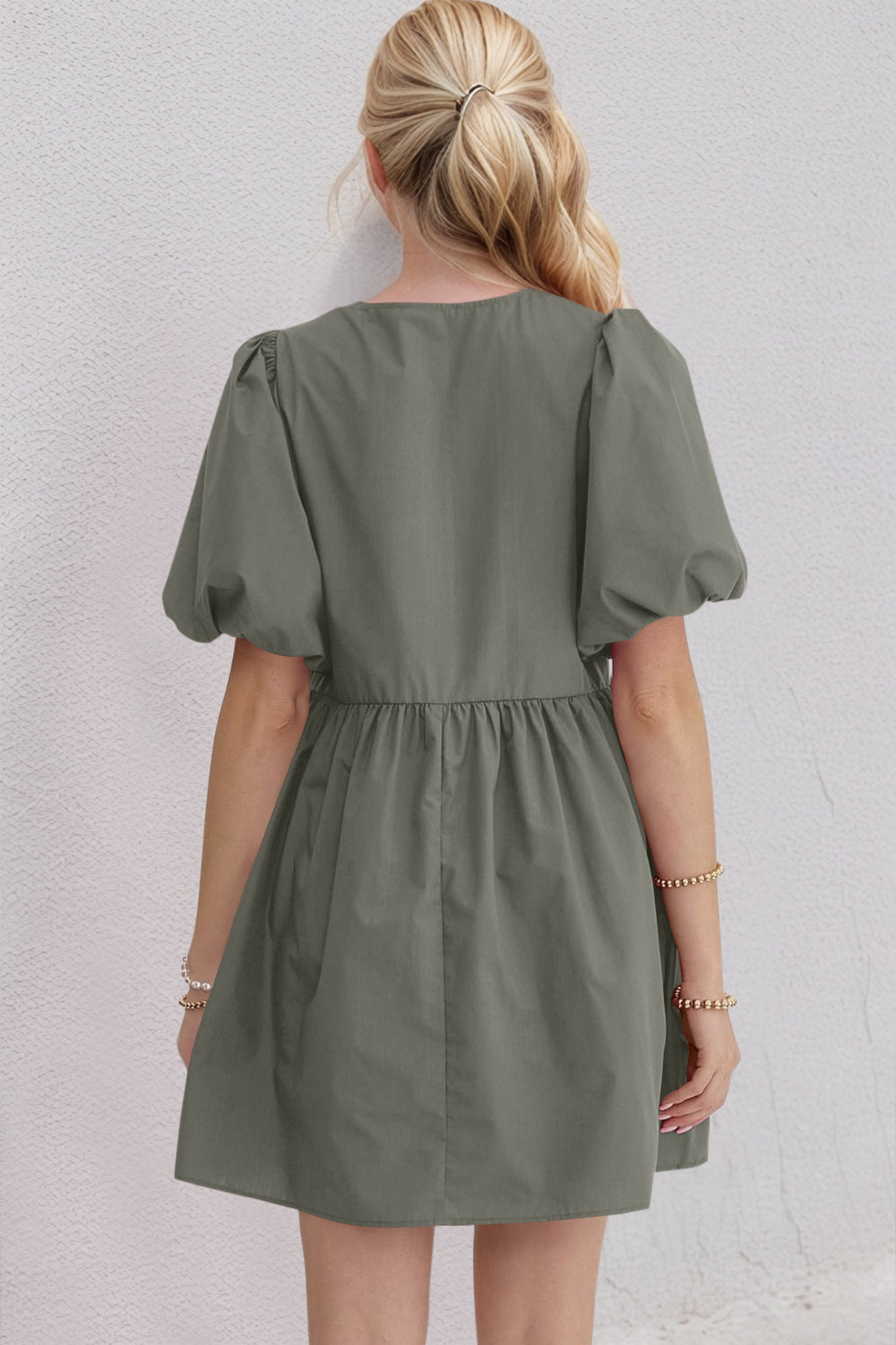 Bow Ruched Puff Sleeve Mini Dress