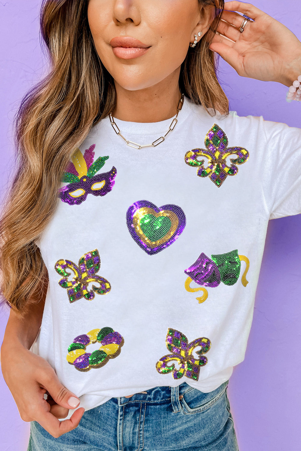 Sequined Mardi Gras Symbolic Pattern Casual Tee