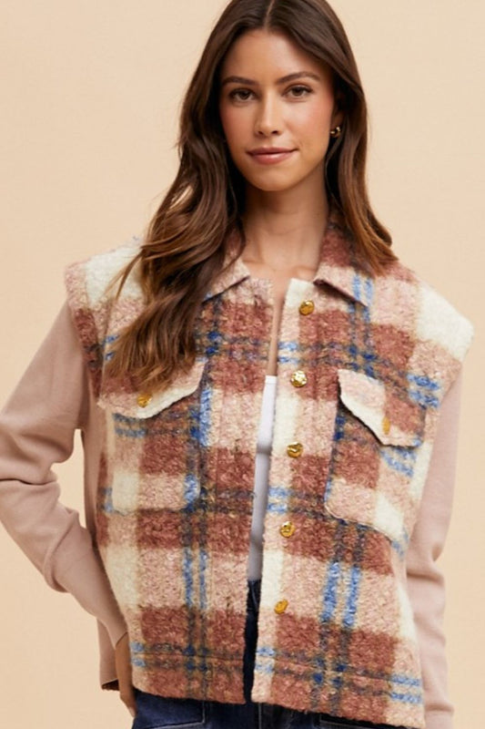 Faux Fur Plaid Button Up Jacket