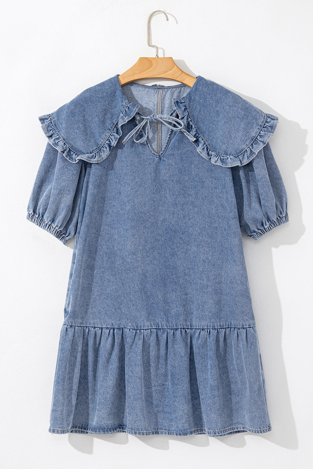 Ruffled Collared Puff Sleeve Denim Dress