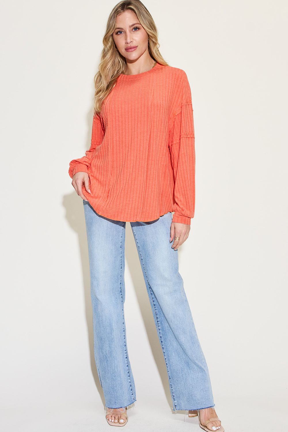 Ribbed Round Neck Long Sleeve T-Shirt