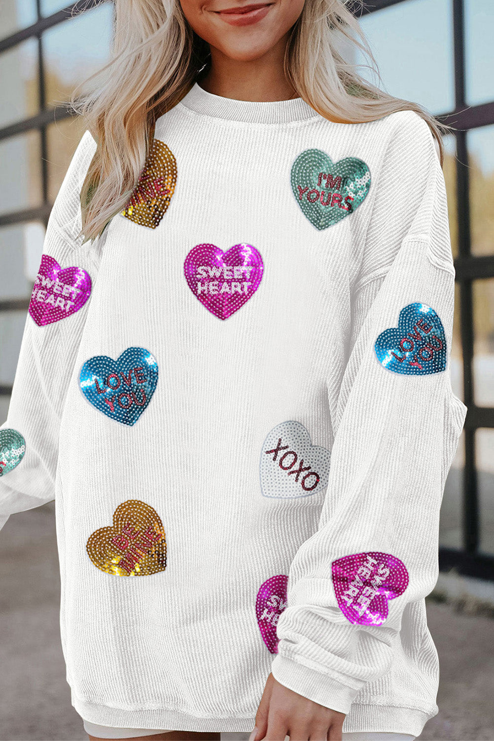 Valentine's Heart Sequin Corded Baggy Sweatshirt