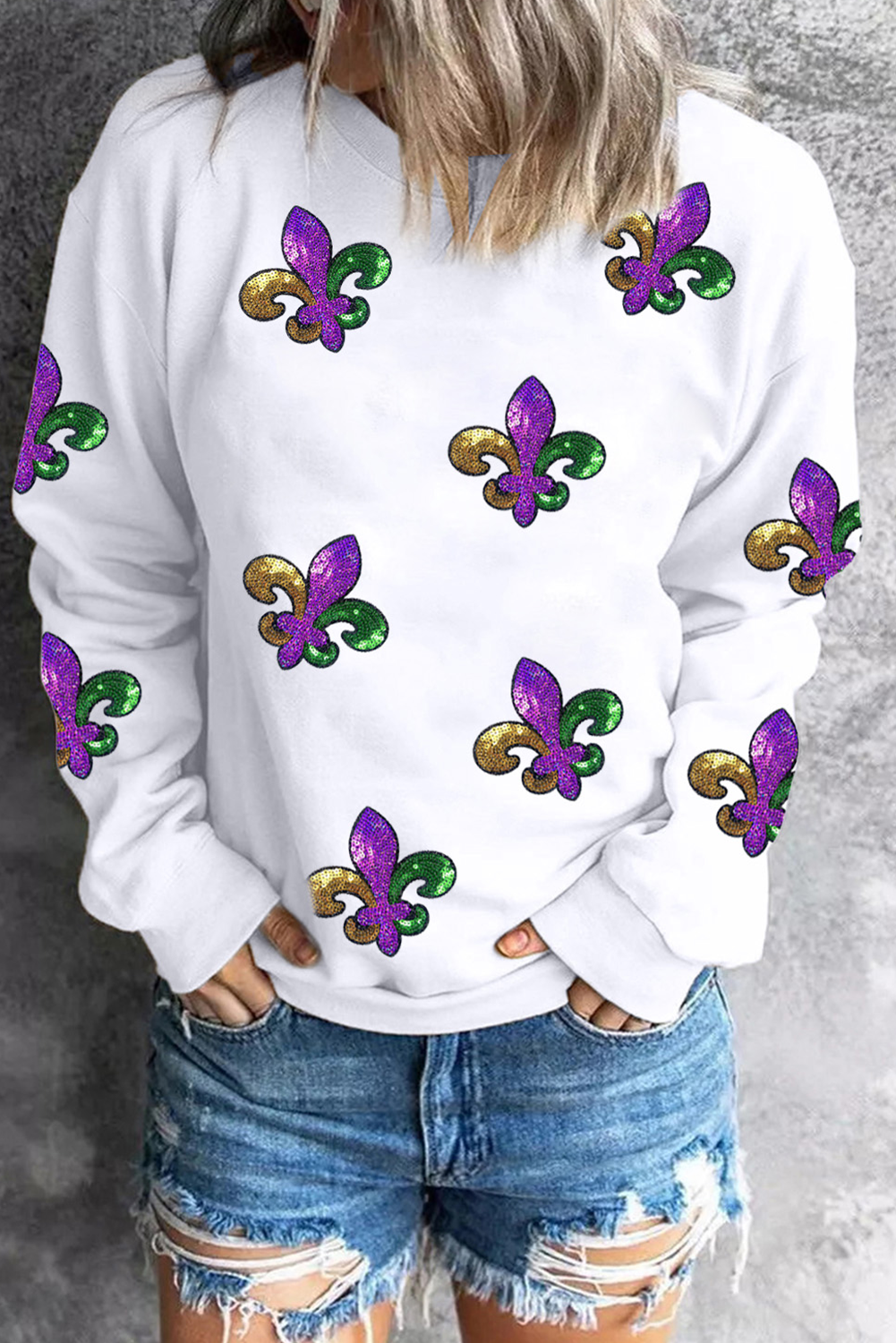 Fleur De Lis Sequin Patched Graphic Drop Shoulder Sweatshirt