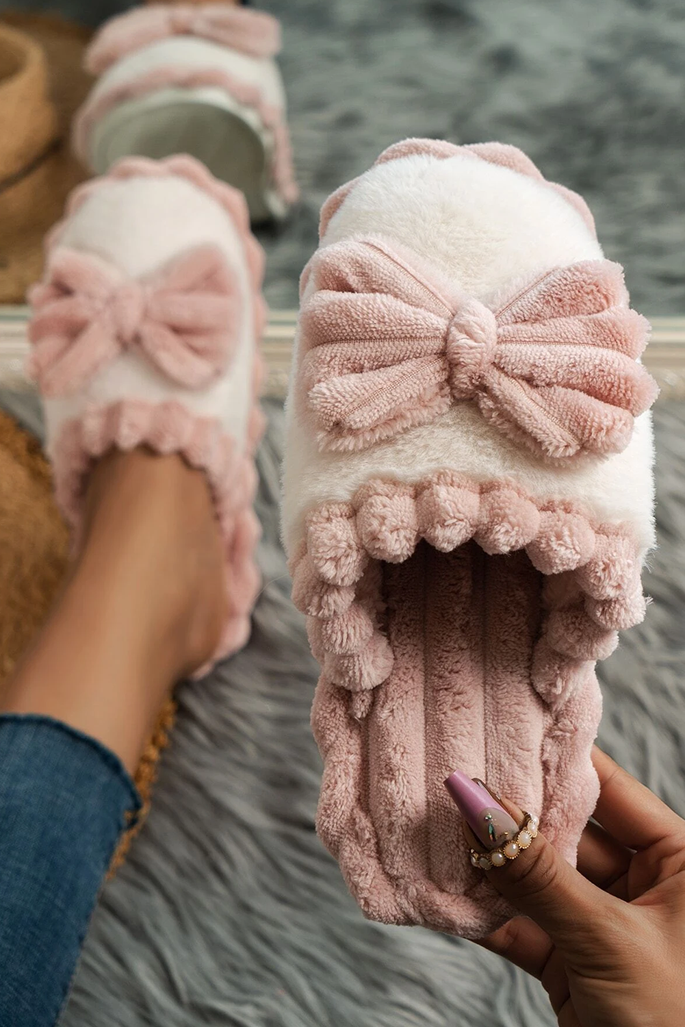 Bow Ribbed Plush Slippers